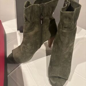 Vince Camuto Olive Suede Peep-Toe Ankle Booties with Brown Heel